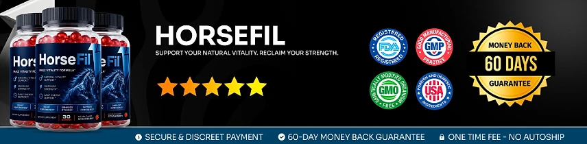 HorseFil: FDA-registered, GMP, GMO-free and USA badges with a 60-day money-back guarantee