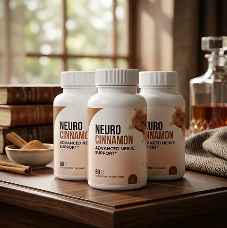 Three Neuro Cinnamon bottles on a wooden table beside cinnamon sticks