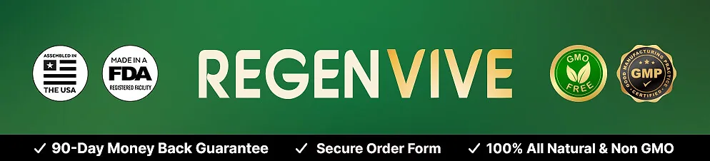 RegenVive quality seals: assembled in the USA, FDA-registered facility, GMO free, GMP and 90-day money-back guarantee