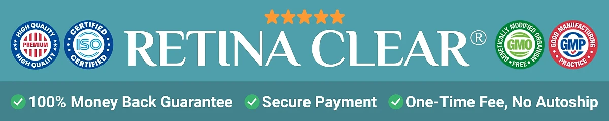 Retina Clear: premium quality, ISO certified, GMO-free and GMP badges with a 100% money-back guarantee