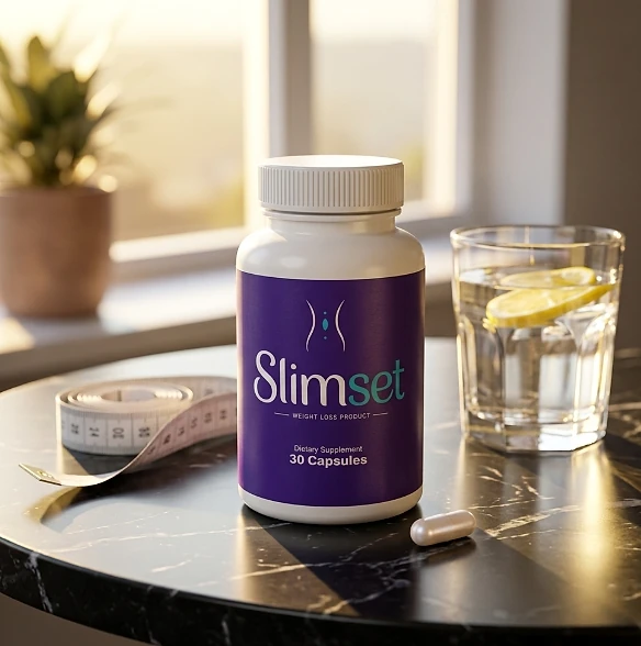 Slimset bottle on a marble table beside a glass of lemon water