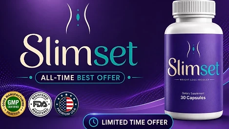 Slimset banner with GMP, FDA-registered and USA badges