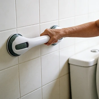 UltraGrip Assist an Badfliesen neben der Toilette montiert