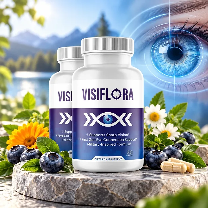 Two Visiflora bottles on a stone pedestal beside blueberries, flowers and capsules, with a mountain lake in the background